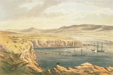 Vista de Port Magee, Valentia, a partir das alturas de Cora Beg, o HMS Caroline a colocar a extremidade terrestre do cabo, 22 de julho