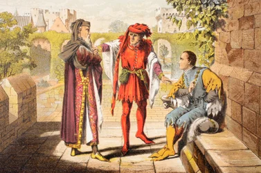 Discurso de Warwick em Rei Henrique VI, Ato II, Cena II, "Sejamos nós os primeiros a saudar o nosso legítimo soberano", de "The Illustrated Library Shakespeare", publicado em Londres em 1890 (litografia a cores)