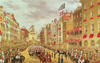Procissão nupcial de Eduardo, príncipe de Gales e da princesa Alexandra, atravessando a cidade em Temple Bar, 7 de março de 1863, ilustração de "Memorial of the Marriage of Albert Edward, Prince of Wales" de Russell (cromolitografia)