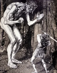 O cavaleiro e o gigante. Ilustração de Robert Engels (1856 - 1936). Gravura alemã. (Dusseldorf)
