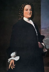 Benjamin Franklin na casa dos 40 e poucos anos (cor litho)