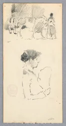 Desenho, Cena com burro e duas figuras; mulher segurando um leque, 1882