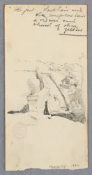 Desenho, Vista de um local elevado com vista para a cidade (frente); Mulher segurando um frasco (verso), 1882