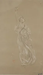 Estudo da figura feminina drapeada, por Moods to Music mural (giz preto e branco sobre papel)