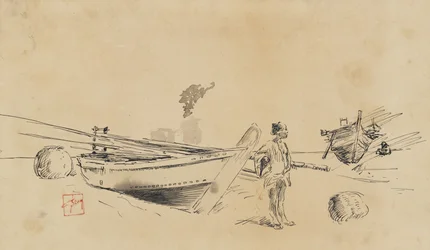 Dois barcos de pesca japoneses na costa, 1867-1903