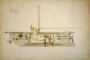 Desenho original do Nautilus, o primeiro barco submarino, apresentado pelo seu inventor Robert Fulton (1765-1815) ao Senado Americano em 1806.