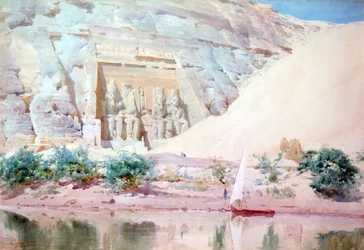 Abu Simbel", aguarela. Robert Talbot-Kelly (1861-1934) Pintor orientalista inglês de paisagens. As grandes estátuas de pedra calcária de Ramsés II à entrada, vistas do rio Nilo. Egito Paisagem Água Ruínas