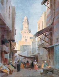 O Gamalieh e a Mesquita do Sultão Babaas, Cairo (litografia a cores)