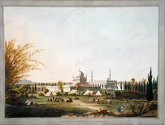 O Mausoléu de Hyder Ali Khan em Laulbaug, ilustração de "Twelve Views of Mysore, country of Tippoo Sultan" colorida e gravada por J.W. Edy, publicada em 1804 (aquatint colorido)