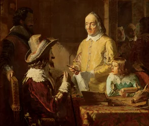 William Harvey (1578-1657) demonstrando a Charles I sua teoria da circulação do sangue, 1848
