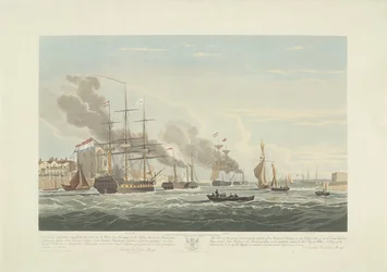 Partida de doze navios mercantes holandeses do porto de Portsmouth, 1833 (ilustração 2) Este conjunto de três placas representando a partida do porto de Portsmouth em 2 de junho de 1833 de 12 navios Nederlandsche Koopvaardy de embargo descarregados