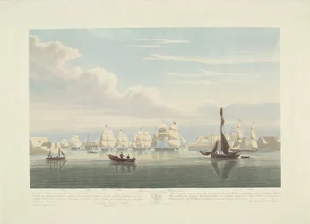 Partida de doze navios mercantes holandeses do porto de Portsmouth, 1833 (ilustração 1) Este conjunto de três placas representando a partida do porto de Portsmouth em 2 de junho de 1833 de 12 navios Nederlandsche Koopvaardy de embargo descarregados