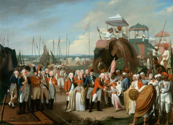 A recepção dos príncipes reféns de Mysore pelo tenente-general Lord Cornwallis (1738-1805) c.1793