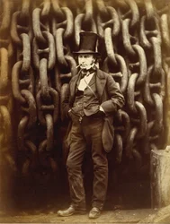 Isambard Kingdom Brunel em pé diante das correntes de lançamento do Grande Oriente... impresso em 1863-64.