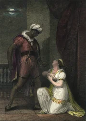 Othello e Desdemona em Veneza. Ilustração para "Othello" de William Shakespeare.Act 4 cena 2.gravura em inglês de 1801 de R.K Porter.