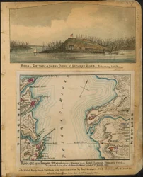 Bloqueio do Potomac. Mapa das baterias da União e dos rebeldes em janeiro de 1862. Os rebeldes evacuaram todas as suas baterias na noite de 4 de março de 1862. LOC gvhs01.vhs00066