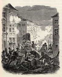 Barricada lutando no Cölln Townhall em Berlim na noite de 18 para 19 de março de 1848.