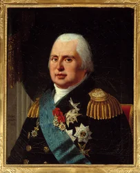 Retrato de Luís XVIII (1755-1824), Rei da França, em uniforme militar com a Legião de Honra e o Cordão da Ordem do Espírito Santo. Pintura de Robert Lefebvre (1755-1830) 1814 Sol. 0,73x0,6 m Paris, musee Carnavalet - Retrato de Luís XVIII
