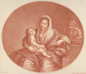 A Virgem sentada com o Menino Jesus dormindo no colo, Santa Isabel à direita, an..., 1776.