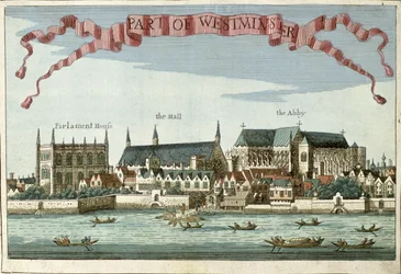 Westminster mostrando a Abadia, o Hall e a Casa do Parlamento, de "Um livro das perspectivas dos lugares notáveis da cidade de Londres", c.1700