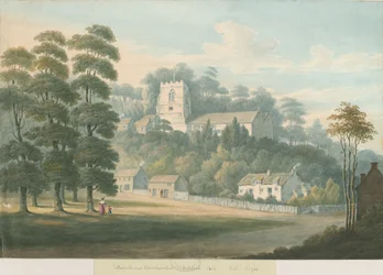 Igreja e vila de Tettenhall: pintura a aquarela, 1826