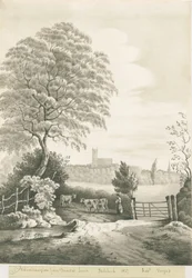 Wolverhampton - vista distante de Dunstall Lane: desenho em sépia, 1837