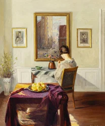 Uma mulher em um interior