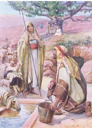Rachel no poço, do livro de imagens da Bíblia publicado por Thomas Nelson, c.1950