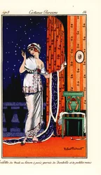 Mulher em vestido de noite de linho polka-dot decorado com renda e rosas. Toilette de nuit en linon a pois garnie de dentelle et de petites rosas. Piscina colorida à mão (stencil) gravada depois de uma ilustração de Robert Pichenot da Journa de Tommaso Ant