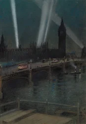 Holofotes de guerra sobre a ponte de Westminster