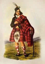 Um guerreiro Fraser do clã escocês de kilt - Litografia de Robert Ronald McIAN de "Os Clãs das Terras Altas da Escócia" (1845)