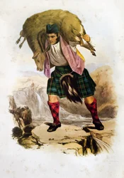 Mac Rae, guerreiro de um clã escocês, com uma ovelha aos ombros - Litografia de Robert Ronald McIAN de "The Clans of The Scottish Highlands" (Os Clãs das Terras Altas da Escócia), 1845