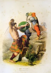 Guerreiro escocês Mac Millan a lutar de kilt e descalço com a espada - Litografia de Robert Ronald McIan de "The Clans of The Scottish Highlands" 1845