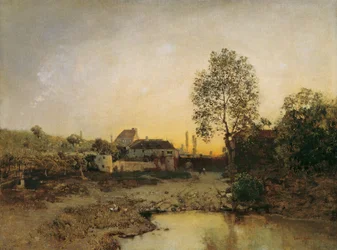 Paisagem com lagoa e fazendas