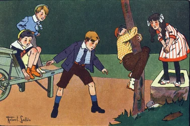 Um poleiro para gatos. Gravação em "O que estamos a jogar? "por E. Weber com desenhos a aguarela de Robert Salles (1871-1929). Librairie Garnier Freres, Paris