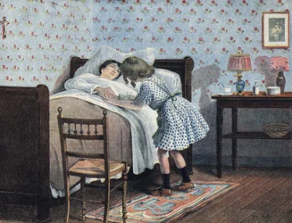 Uma menina à beira da cama da sua mãe doente aguarda a sua guerra. Ilustração de Robert Salles (1871-1929) em "Je sais Lire".