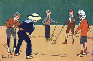 Bola por hora (jogo de habilidade com bolas e maços). Gravação em "O que estamos a jogar? "por E. Weber com desenhos a aguarela de Robert Salles (1871-1929). Librairie Garnier Freres, Paris