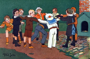 Gato e rato. Gravação em "O que estamos a jogar? "por E. Weber com desenhos a aguarela de Robert Salles (1871-1929). Librairie Garnier Freres, Paris