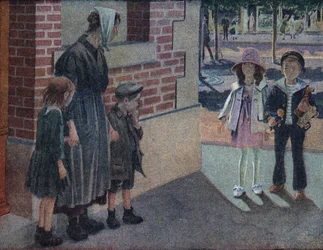 Caridade: uma mãe e seus dois filhos pedem um ex-aluno a um menino e uma menina na rua que lhes dará suas economias e seus brinquedos. Ilustração de Robert Salles (1871-1929) em "Je sais Lire".