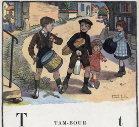 O livro infantil "I will read - Methodic and fun alfabeto by a dad" 1926. Ilustração de Robert Salles (1871-1929). Abecedário: letra T como Tambor.