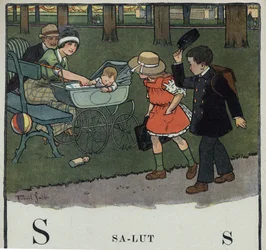 O livro infantil "I will read - Methodic and fun alfabeto by a dad" 1926. Ilustração de Robert Salles (1871-1929). Abecedário: letra S como Salut. Um menino cumprimenta um casal e seu bebê levantando seu boné.