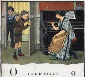O livro infantil "I will read - Methodic and fun alfabeto by a dad" 1926. Ilustração de Robert Salles (1871-1929). Abecedário: letra O como Obediência. Uma mãe repreende seus filhos.