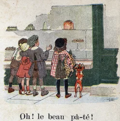 O livro infantil "I will read - Methodic and fun alfabeto by a dad" 1926. Ilustração de Robert Salles (1871-1929). "Oh! A bela massa!" . As crianças gourmet param em frente a uma janela da padaria.