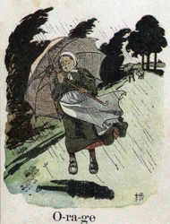 O livro infantil "I will read - Methodic and fun alfabeto by a dad" 1926. Ilustração de Robert Salles (1871-1929). "Tempestade": uma mulher nos abrigos de chuva com o seu guarda-chuva.