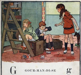 O livro infantil "I will read - Methodic and fun alfabeto by a dad" 1926. Ilustração de Robert Salles (1871-1929). Abecedário: letra G como Gourmandise. Meninos e meninas comendo frutas cristalizadas em segredo.