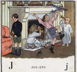 O livro infantil "I will read - Methodic and fun alfabeto by a dad" 1926. Ilustração de Robert Salles (1871-1929). Abecedaire: letra J como Brinquedos. As crianças receberam brinquedos em seus sapatos e se divertiram com eles. Uma das crianças não recebeu 