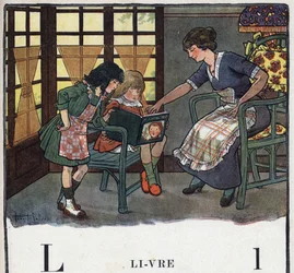 O livro infantil "I will read - Methodic and fun alfabeto by a dad" 1926. Ilustração de Robert Salles (1871-1929). Abecedário: letra L como livro. Uma mãe ensina a sua filha a ler.