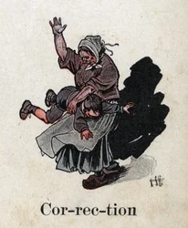 O livro infantil "I will read - Methodic and fun alfabeto by a dad" 1926. Ilustração de Robert Salles (1871-1929). "Correção". Castigo: uma mãe espalha seu filho para castigá-lo