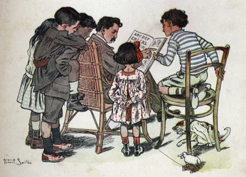 O livro infantil "I will read - Methodic and fun alfabeto by a dad" 1926. Ilustração de Robert Salles (1871-1929). Um pai de família ensina as crianças a ler.