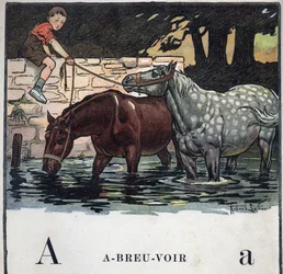 O livro infantil "I will read - Methodic and fun alfabeto by a dad" 1926. Ilustração de Robert Salles (1871-1929). Abecedário: letra A como Água Potável. Dois cavalos bebem água.